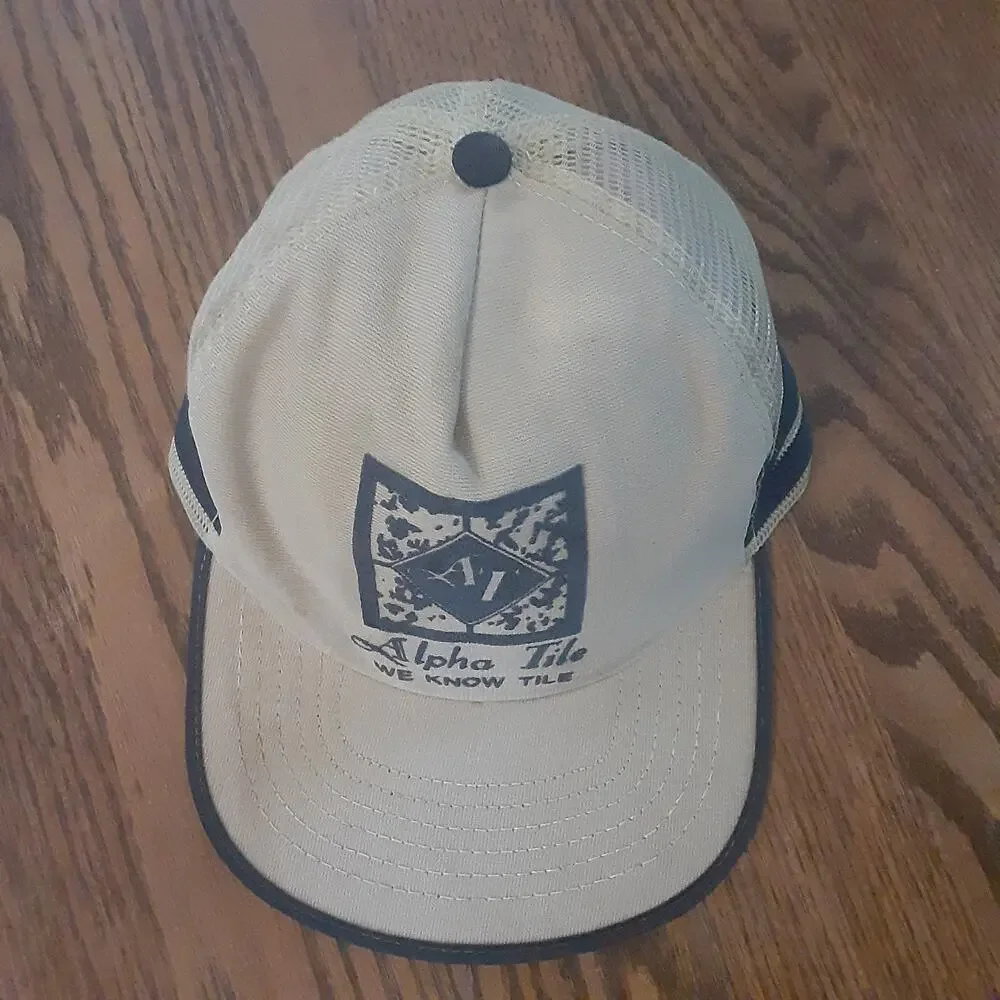 Vintage Alpha Tile We Know Tile 3 Stripe Trucker Hat Beige Blue